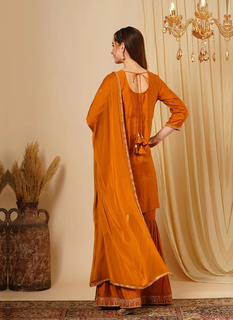 globus Mustard Globus Women Floral Embroidered Sequinned Straight Kurta With Sharara & Dupatta Festive Set for Women | Best Price UAE